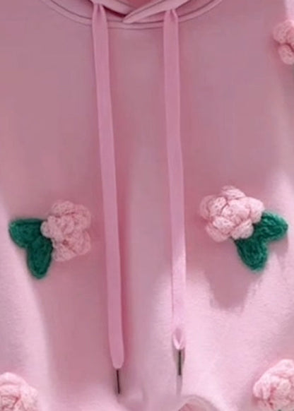 Sudadera holgada de algodón con capucha y cordón floral rosa para primavera