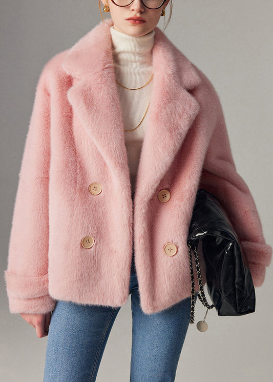 Abrigos de invierno de pelo de visón de doble botonadura con muescas en rosa suelto