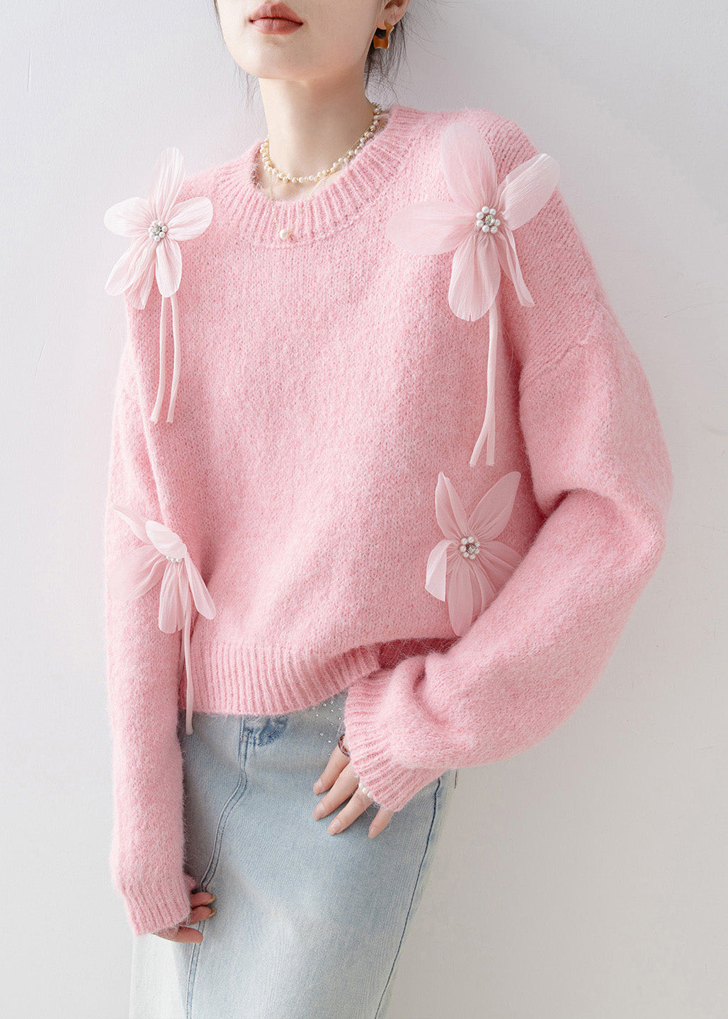 Loose Pink O Neck Nail Bead Knit Sweaters Spring