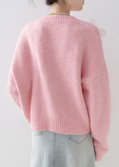 Loose Pink O Neck Nail Bead Knit Sweaters Spring