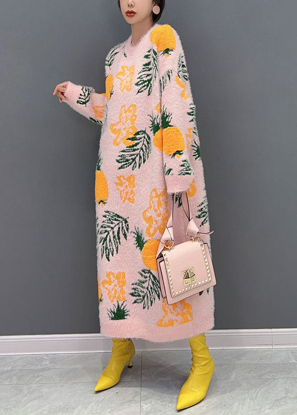 Lose Rosa O-Ausschnitt Übergroßen Druck Nerz Haar Gestrickte Lange Strick Kleid Winter