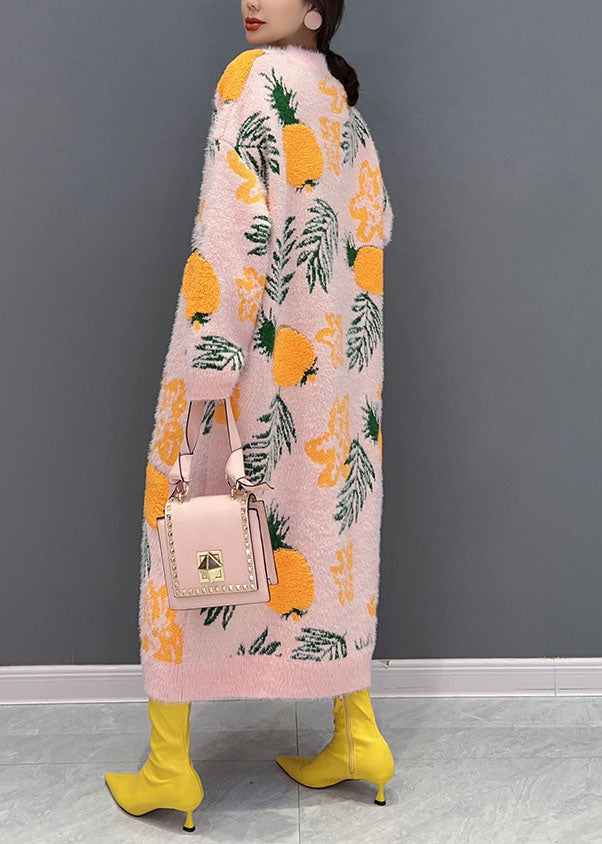 Lose Rosa O-Ausschnitt Übergroßen Druck Nerz Haar Gestrickte Lange Strick Kleid Winter