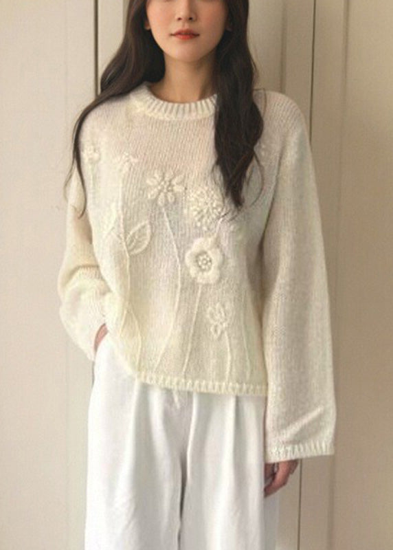 Suéter holgado de punto de algodón liso con cuello redondo rosa para primavera