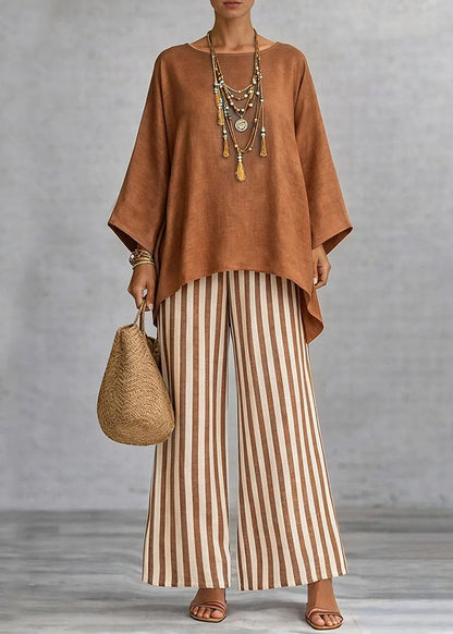 Loose Pink O-Neck Top And Wide Leg Pants Two-Piece Set Fall