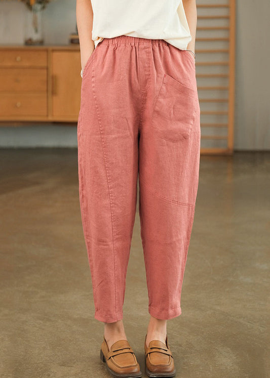 Loose Pink Pockets Solid Linen Crop Pants Summer