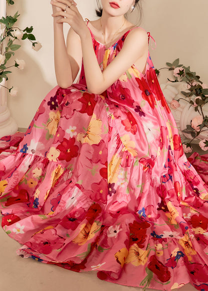 Lockeres rosa bedrucktes, faltiges Baumwollkleid mit Spaghettiträgern, ärmellos