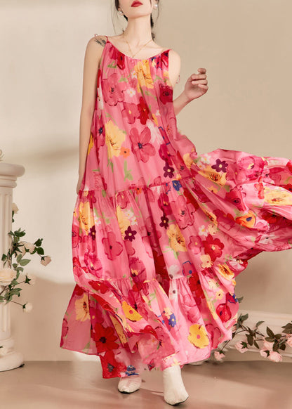 Lockeres rosa bedrucktes, faltiges Baumwollkleid mit Spaghettiträgern, ärmellos