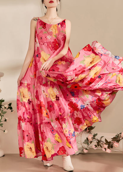 Lockeres rosa bedrucktes, faltiges Baumwollkleid mit Spaghettiträgern, ärmellos