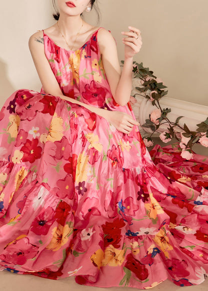 Lockeres rosa bedrucktes, faltiges Baumwollkleid mit Spaghettiträgern, ärmellos