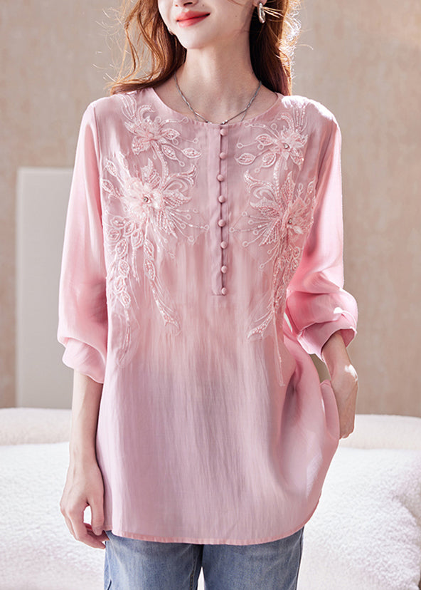 Loose Pink Sequins Nail Bead Chiffon Shirt Top Long Sleeve