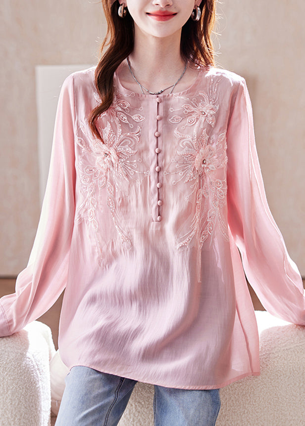 Loose Pink Sequins Nail Bead Chiffon Shirt Top Long Sleeve