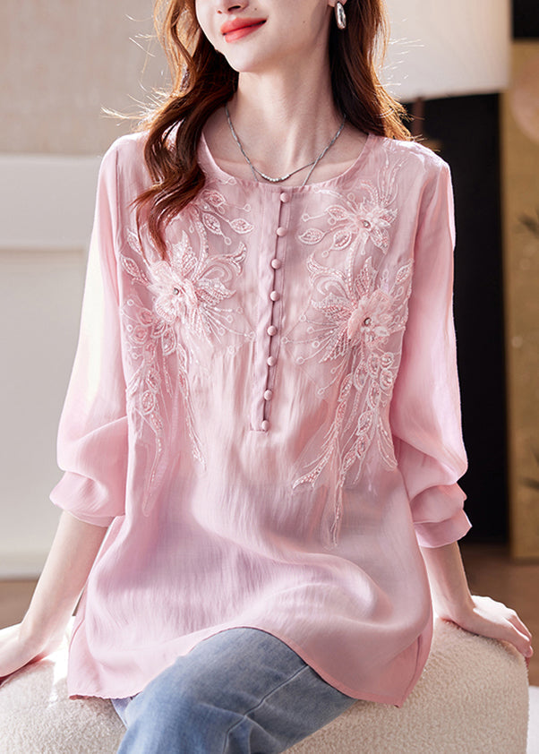 Loose Pink Sequins Nail Bead Chiffon Shirt Top Long Sleeve