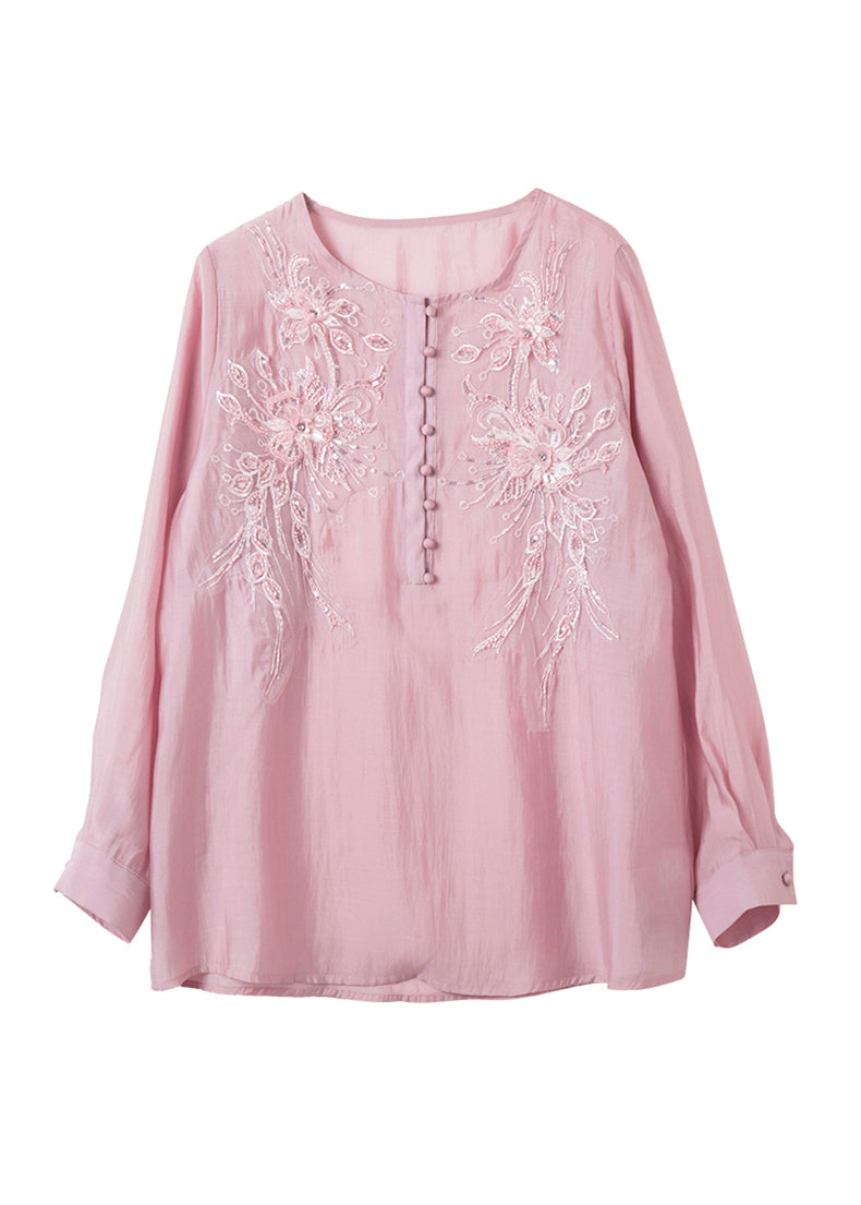 Loose Pink Sequins Nail Bead Chiffon Shirt Top Long Sleeve