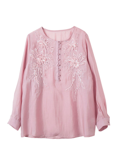 Loose Pink Sequins Nail Bead Chiffon Shirt Top Long Sleeve