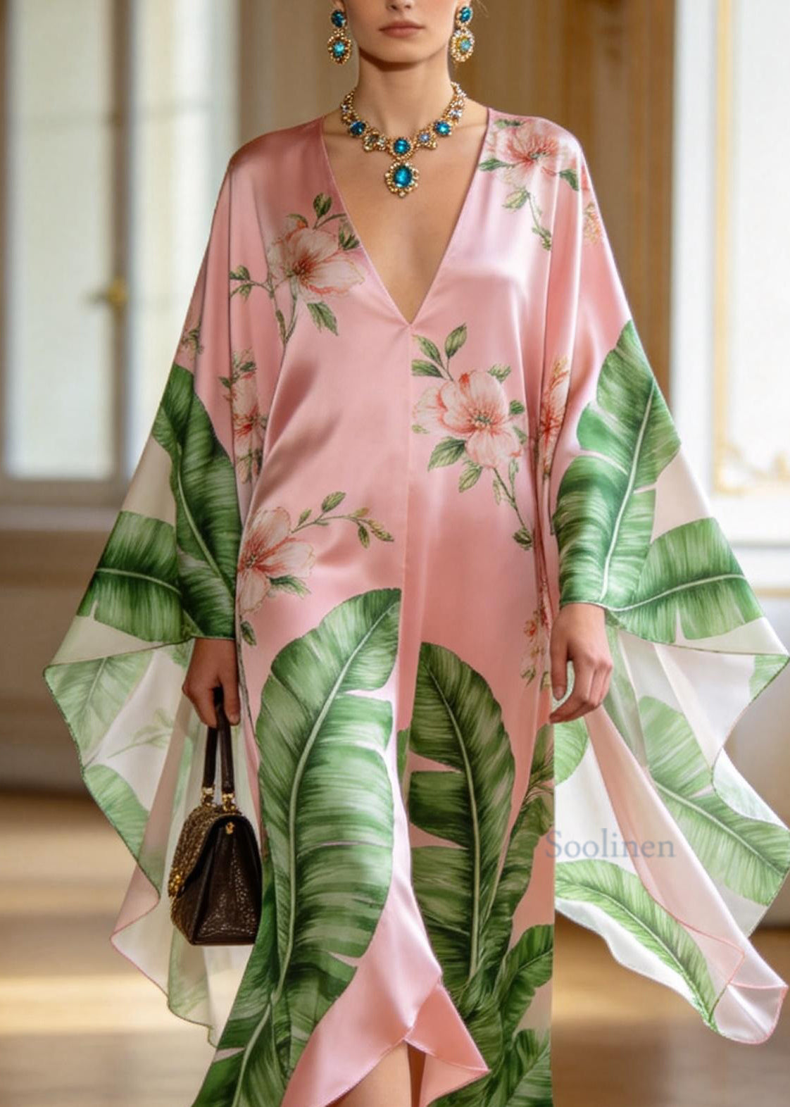 Loose Pink V Neck Asymmetrical Design Print Chiffon Dresses Summer