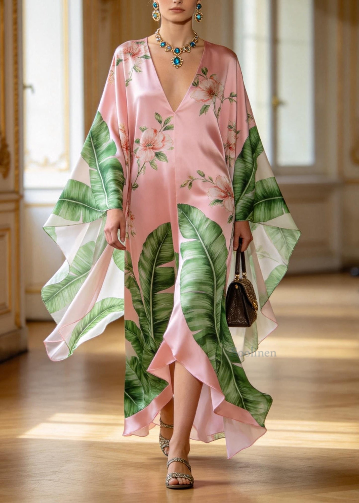Loose Pink V Neck Asymmetrical Design Print Chiffon Dresses Summer