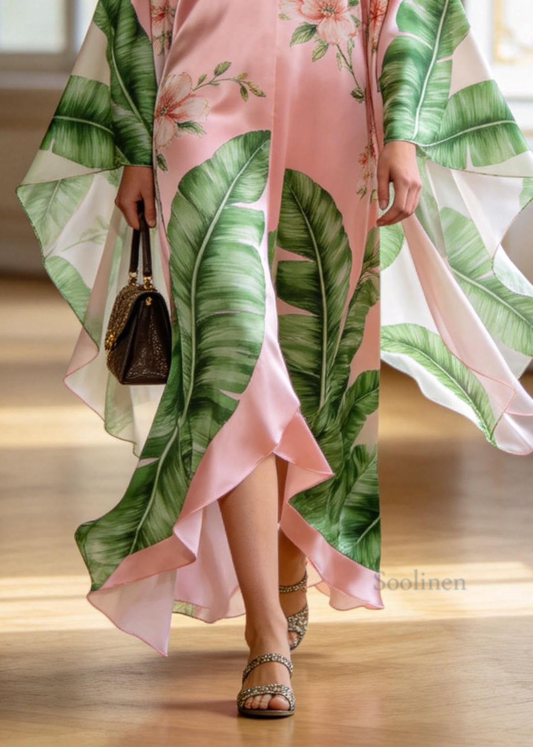 Loose Pink V Neck Asymmetrical Design Print Chiffon Dresses Summer