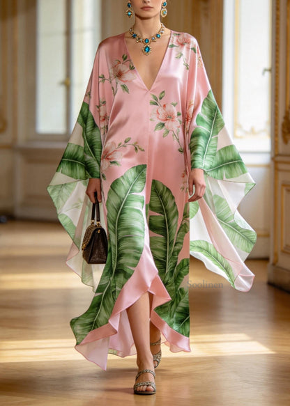 Loose Pink V Neck Asymmetrical Design Print Chiffon Dresses Summer