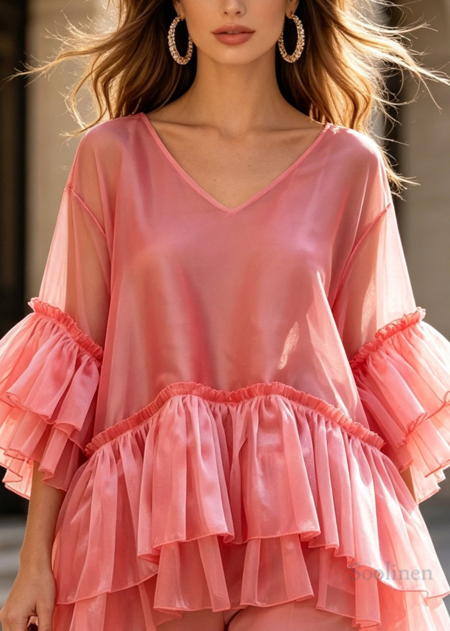 Loose Pink V Neck Layered Ruffled Patchwork Silk Top Summer