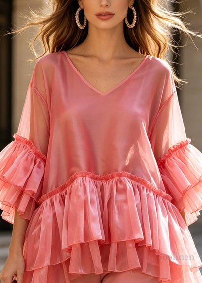 Loose Pink V Neck Layered Ruffled Patchwork Silk Top Summer