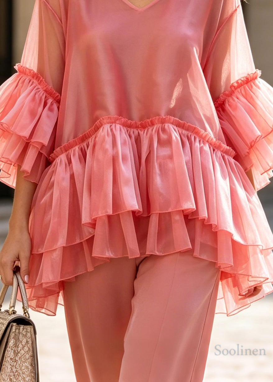 Loose Pink V Neck Layered Ruffled Patchwork Silk Top Summer