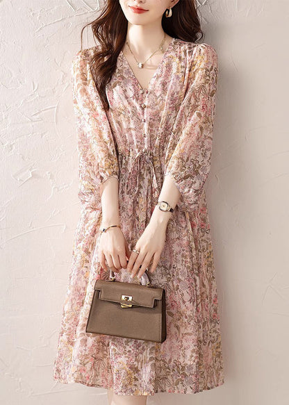 Loose Pink V Neck Print Drawstring Chiffon Dress Summer