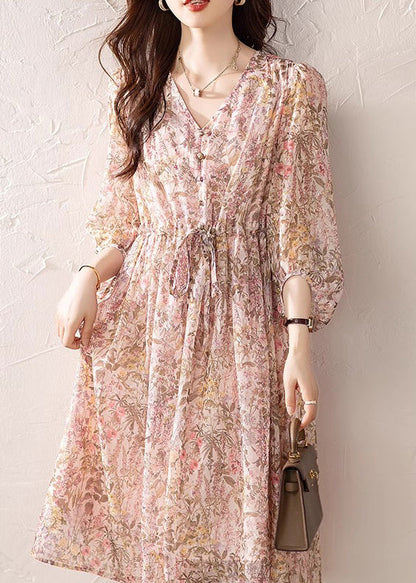 Loose Pink V Neck Print Drawstring Chiffon Dress Summer