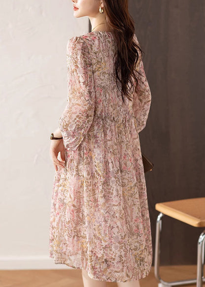 Loose Pink V Neck Print Drawstring Chiffon Dress Summer