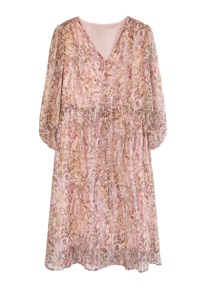 Loose Pink V Neck Print Drawstring Chiffon Dress Summer