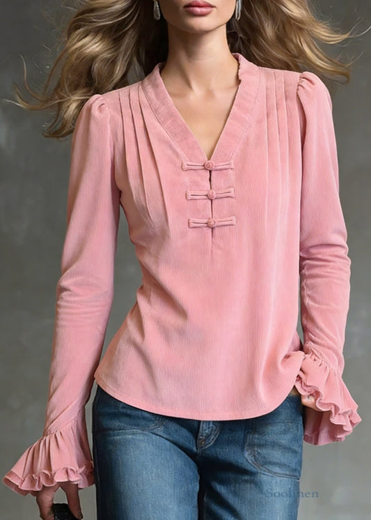 Loose Pink V Neck Ruffled Corduroy Shirts Flare Sleeve