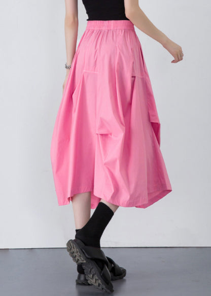 Loose Pink Wrinkled Pockets Solid Cotton Skirt Summer