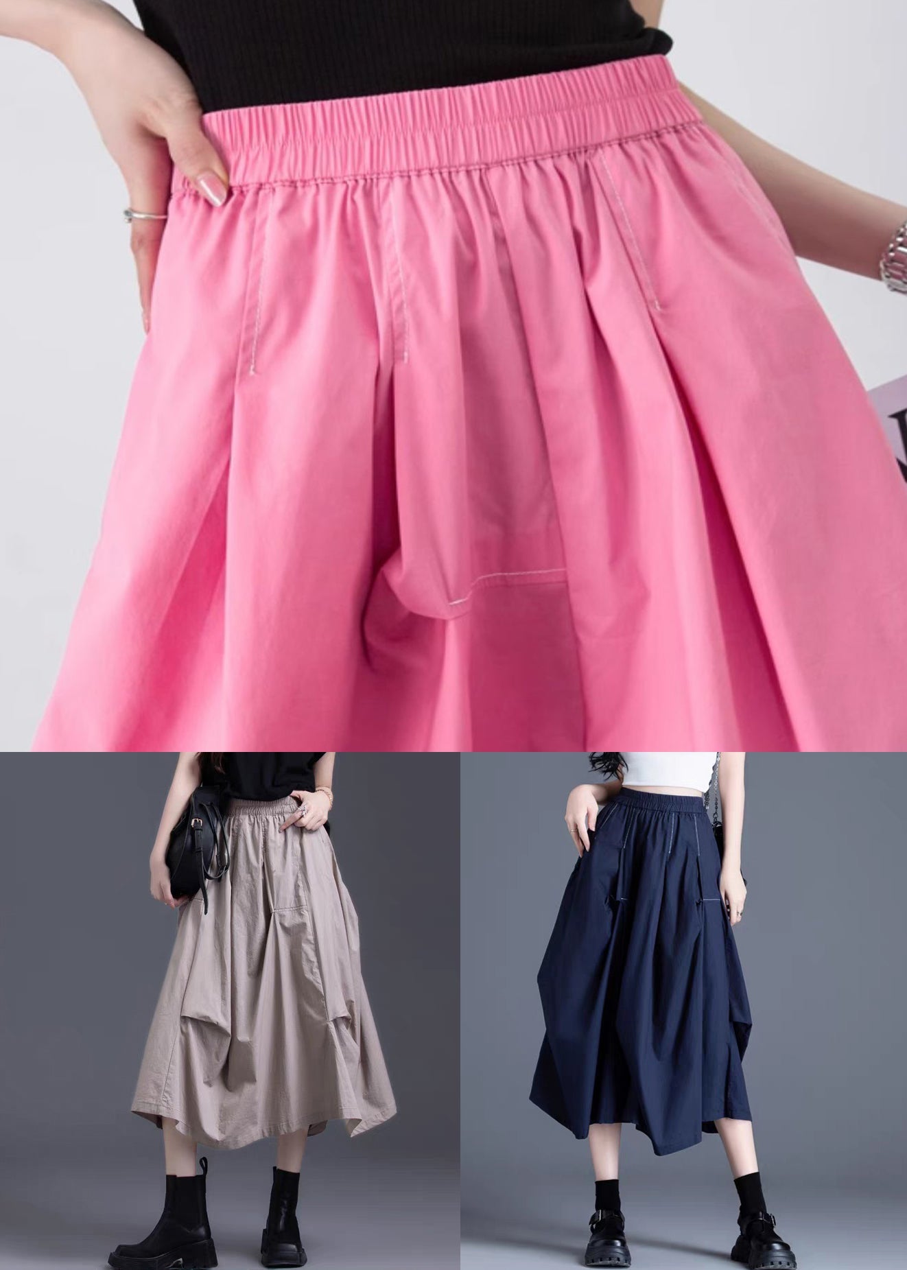 Loose Pink Wrinkled Pockets Solid Cotton Skirt Summer