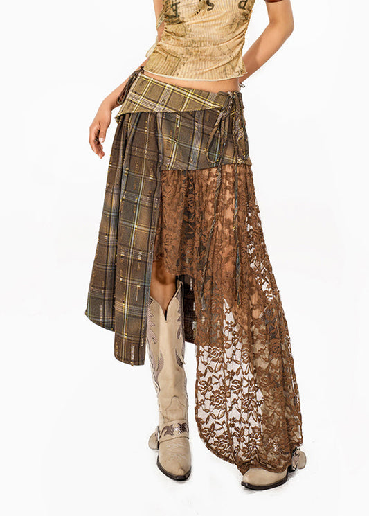 Loose Plaid Patchwork Lace Maxi Skirt Summer