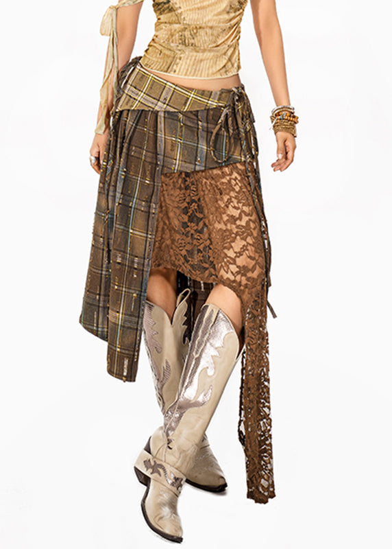 Loose Plaid Patchwork Lace Maxi Skirt Summer