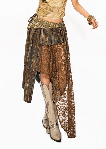 Loose Plaid Patchwork Lace Maxi Skirt Summer