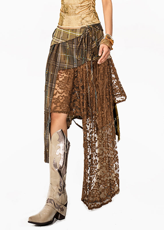 Loose Plaid Patchwork Lace Maxi Skirt Summer
