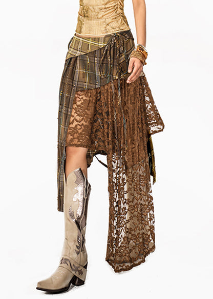 Loose Plaid Patchwork Lace Maxi Skirt Summer