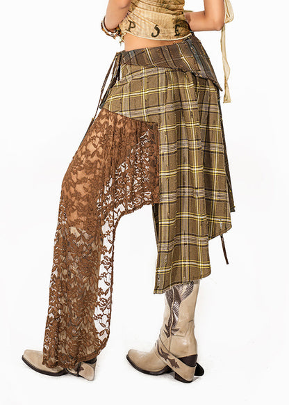 Loose Plaid Patchwork Lace Maxi Skirt Summer