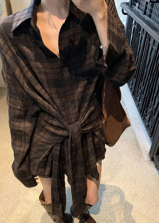 Loose Plaid Peter Pan Collar Tie Waist Shirt Fall