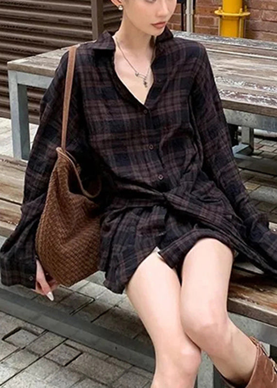 Loose Plaid Peter Pan Collar Tie Waist Shirt Fall