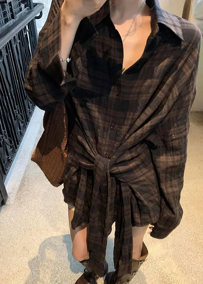 Loose Plaid Peter Pan Collar Tie Waist Shirt Fall