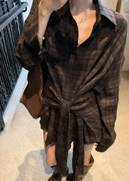 Loose Plaid Peter Pan Collar Tie Waist Shirt Fall