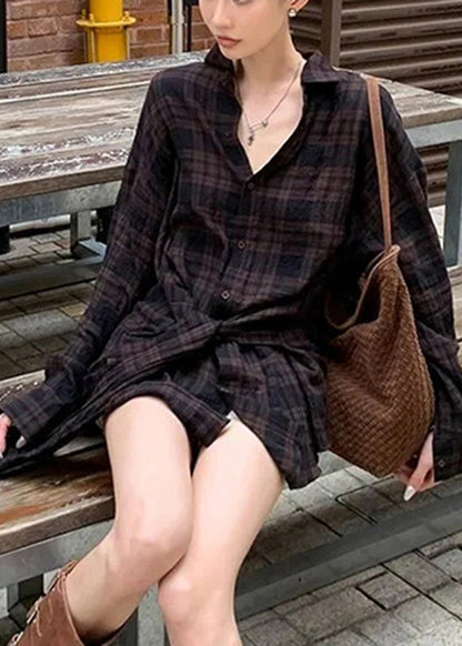 Loose Plaid Peter Pan Collar Tie Waist Shirt Fall