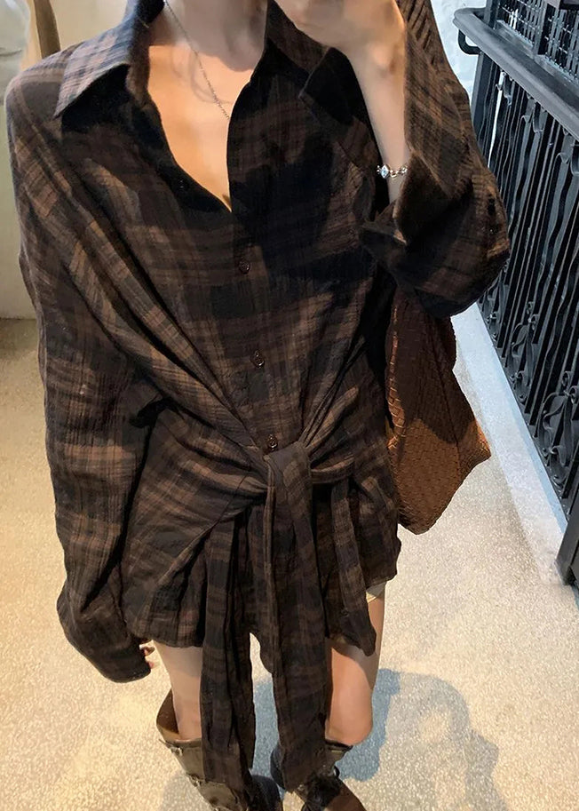 Loose Plaid Peter Pan Collar Tie Waist Shirt Fall