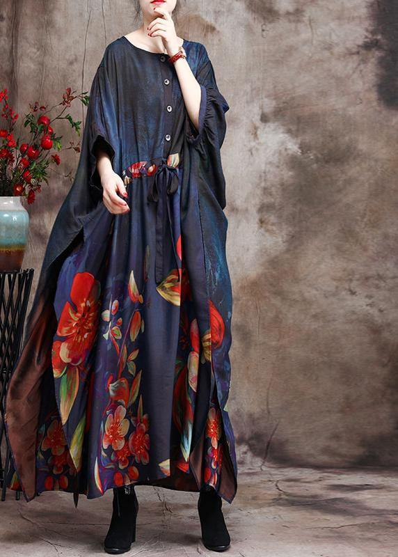 Loose Print Silk Dress Plus Size Tie Waist Maxi Dress - SooLinen