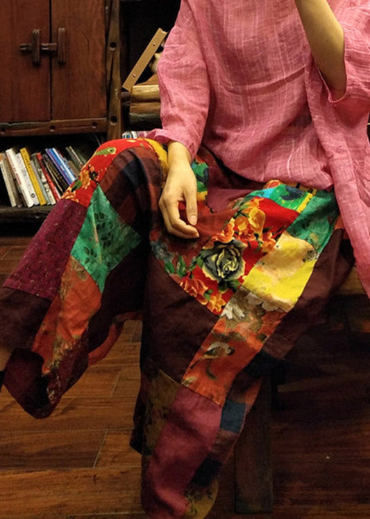 Pantalones anchos de lino con cintura elástica y estampado holgado para verano