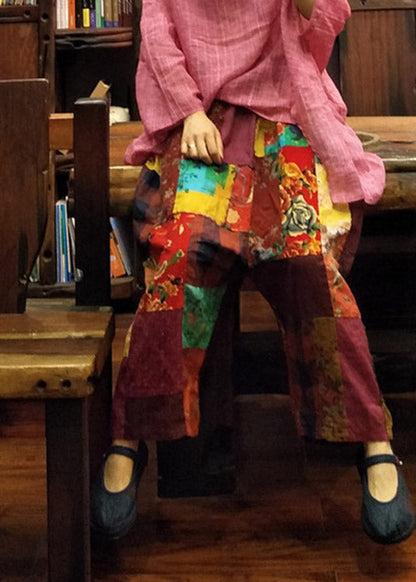 Sommerhose aus Leinen mit weitem Bein und lockerem Druck und elastischer Taille