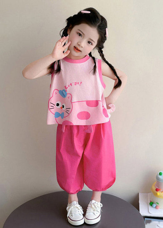 Loose Print Girls Vest And Crop Pants Two Pieces Set Summer