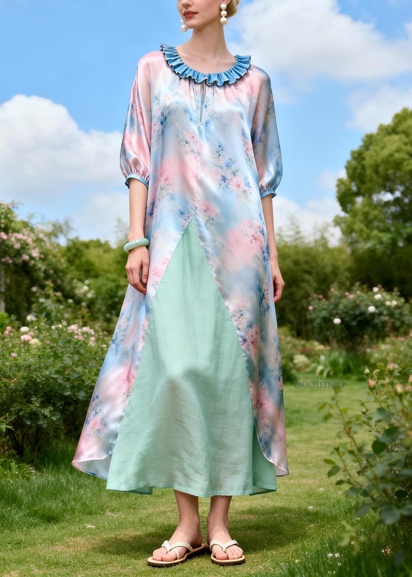 Loose Print Ruffled Patchwork Linen Silk Maxi Dresses Summer