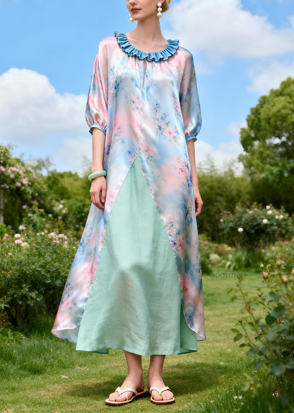 Loose Print Ruffled Patchwork Linen Silk Maxi Dresses Summer